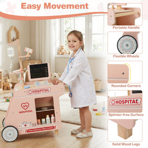 Wooden Doctor Playset for Kids Pretend Play Doctor Kit with Cart Gift for Toddlers Boys Girls Aged 3+-Pink view 9