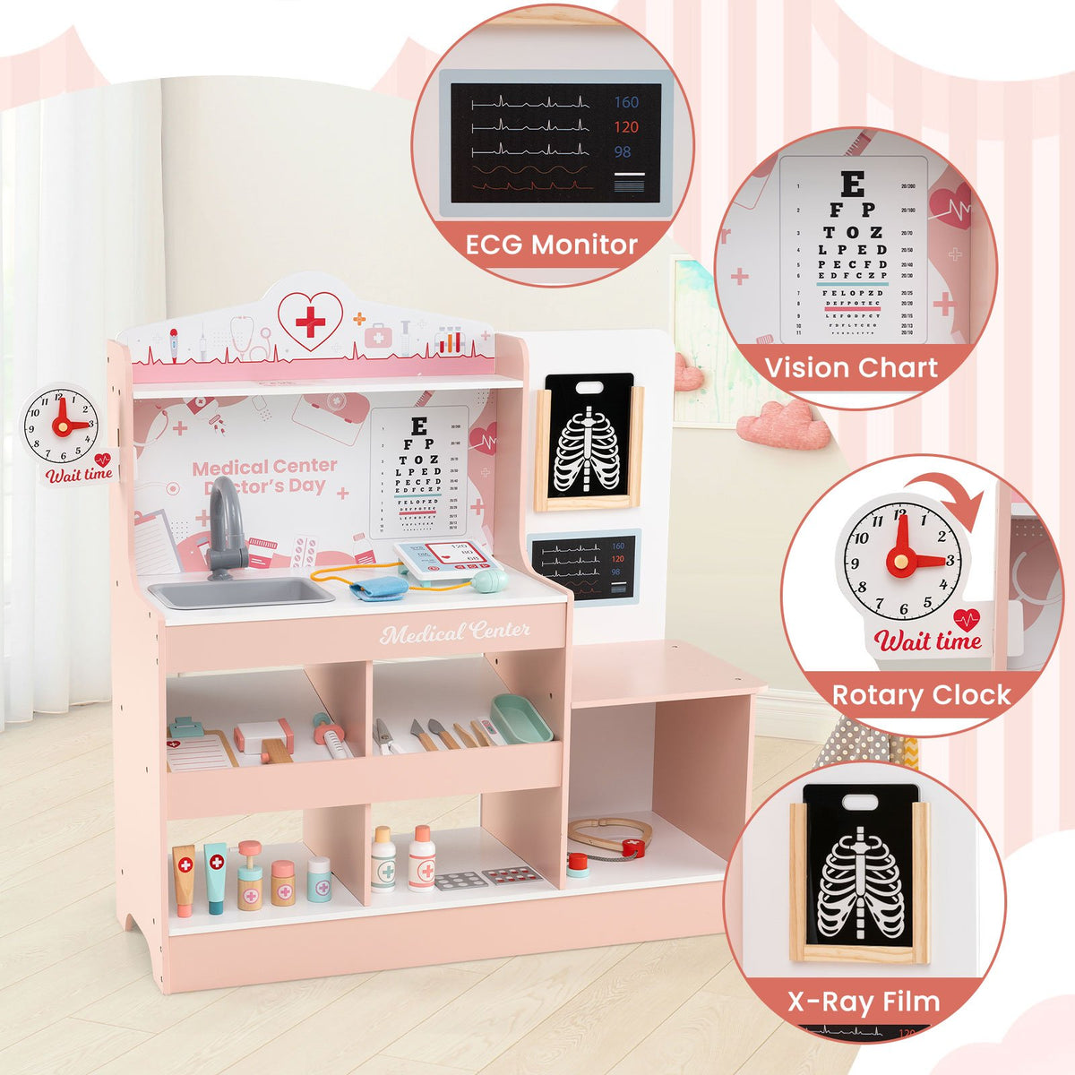 Wooden Doctor Playset with Stethoscope for Toddlers over 3 Years Old-Pink view 6