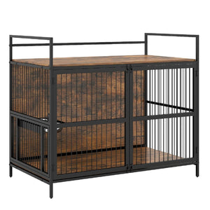 Wooden Dog Crate Furniture for Medium Dogs with Bowls and Rotatable Holder-Brown