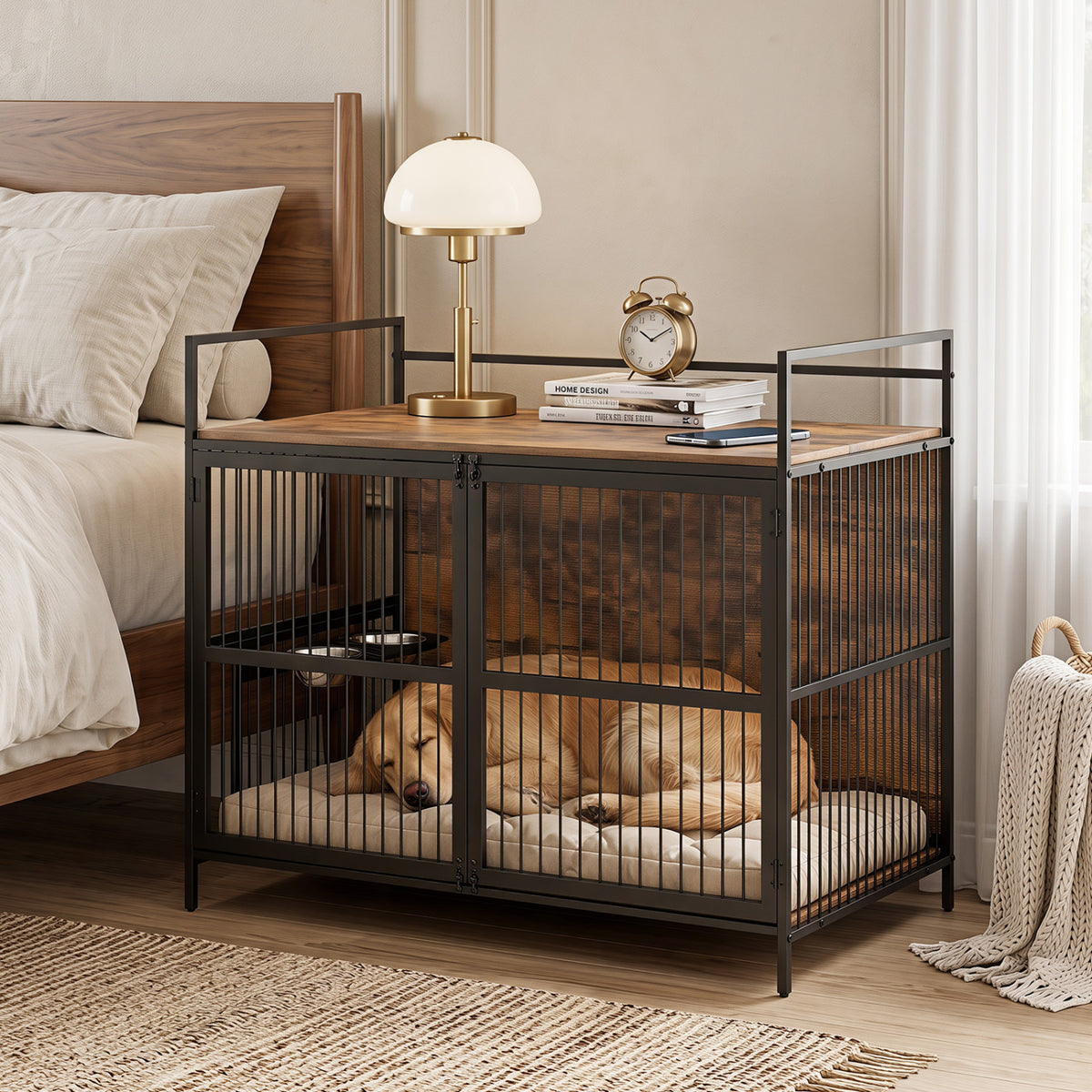 Wooden Dog Crate Furniture for Medium Dogs with Bowls and Rotatable Holder-Brown view 2