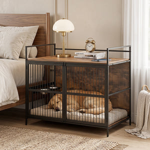 Wooden Dog Crate Furniture for Medium Dogs with Bowls and Rotatable Holder-Brown view 2