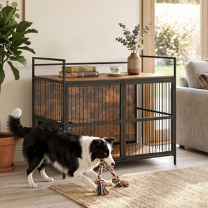 Wooden Dog Crate Furniture for Medium Dogs with Bowls and Rotatable Holder-Brown view 3