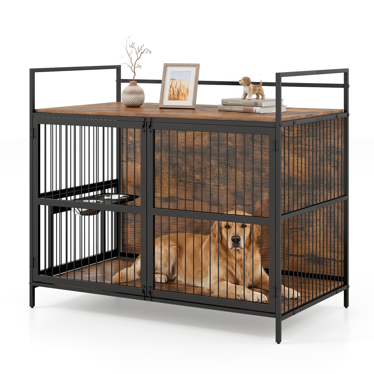 Wooden Dog Crate Furniture for Medium Dogs with Bowls and Rotatable Holder-Brown view 4