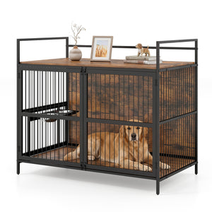 Wooden Dog Crate Furniture for Medium Dogs with Bowls and Rotatable Holder-Brown view 4