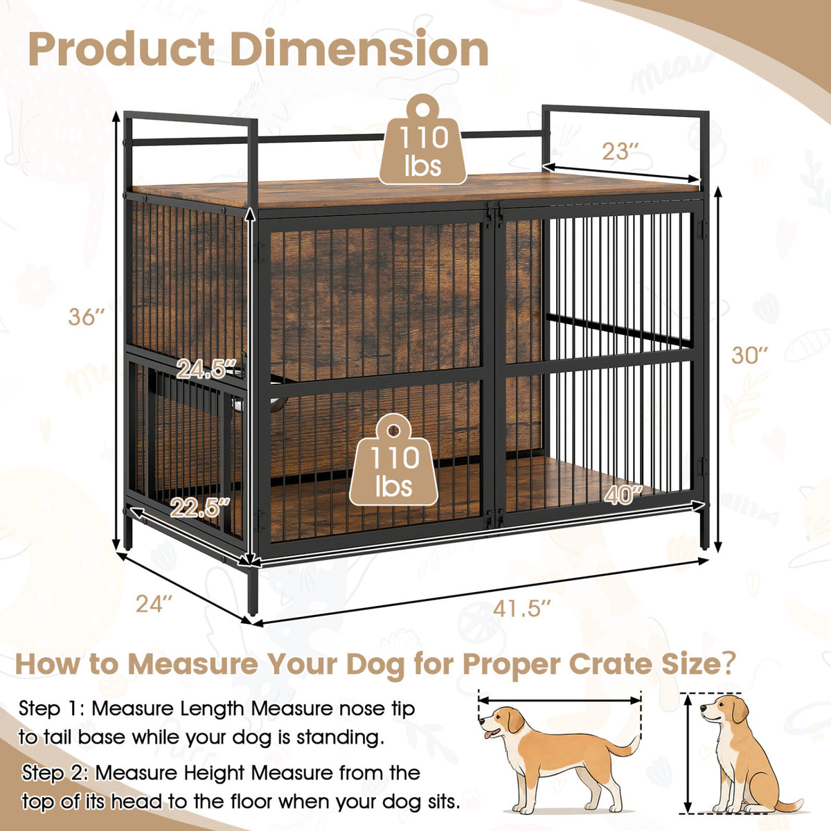 Wooden Dog Crate Furniture for Medium Dogs with Bowls and Rotatable Holder-Brown view 5