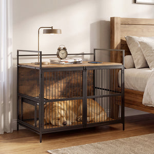 Wooden Dog Crate Furniture for Medium Dogs with Bowls and Rotatable Holder-Brown view 6