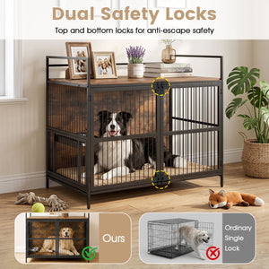 Wooden Dog Crate Furniture for Medium Dogs with Bowls and Rotatable Holder-Brown view 7
