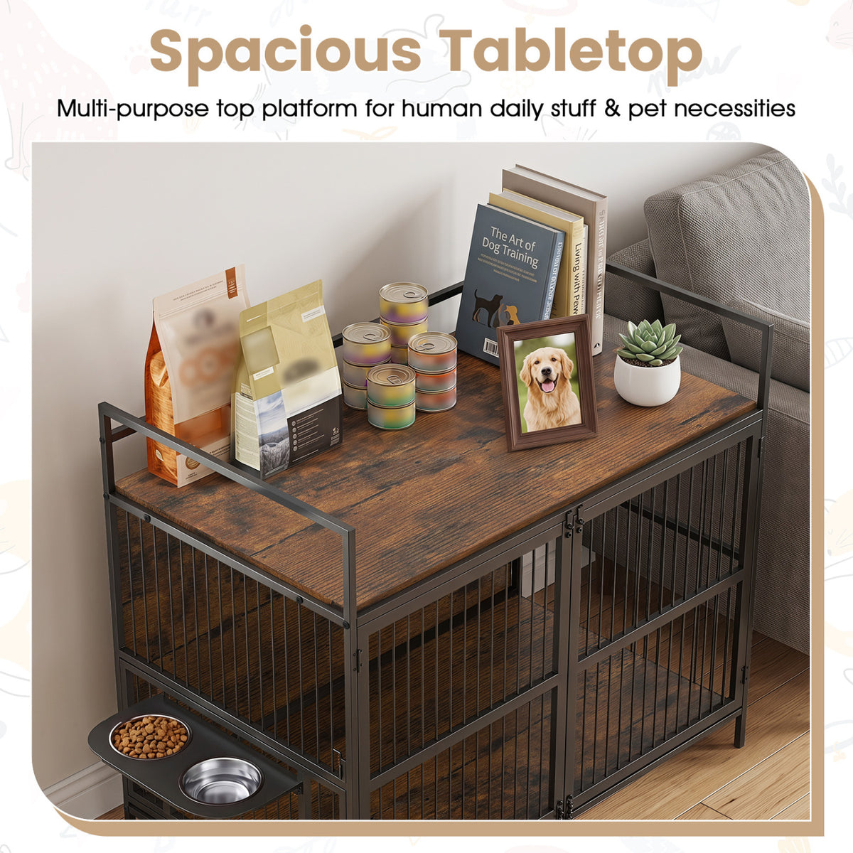 Wooden Dog Crate Furniture for Medium Dogs with Bowls and Rotatable Holder-Brown view 8