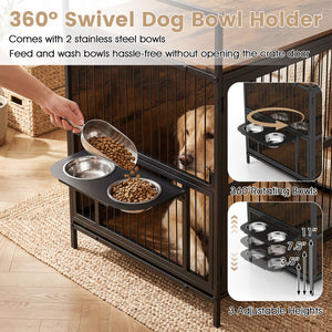 Wooden Dog Crate Furniture for Medium Dogs with Bowls and Rotatable Holder-Brown view 9