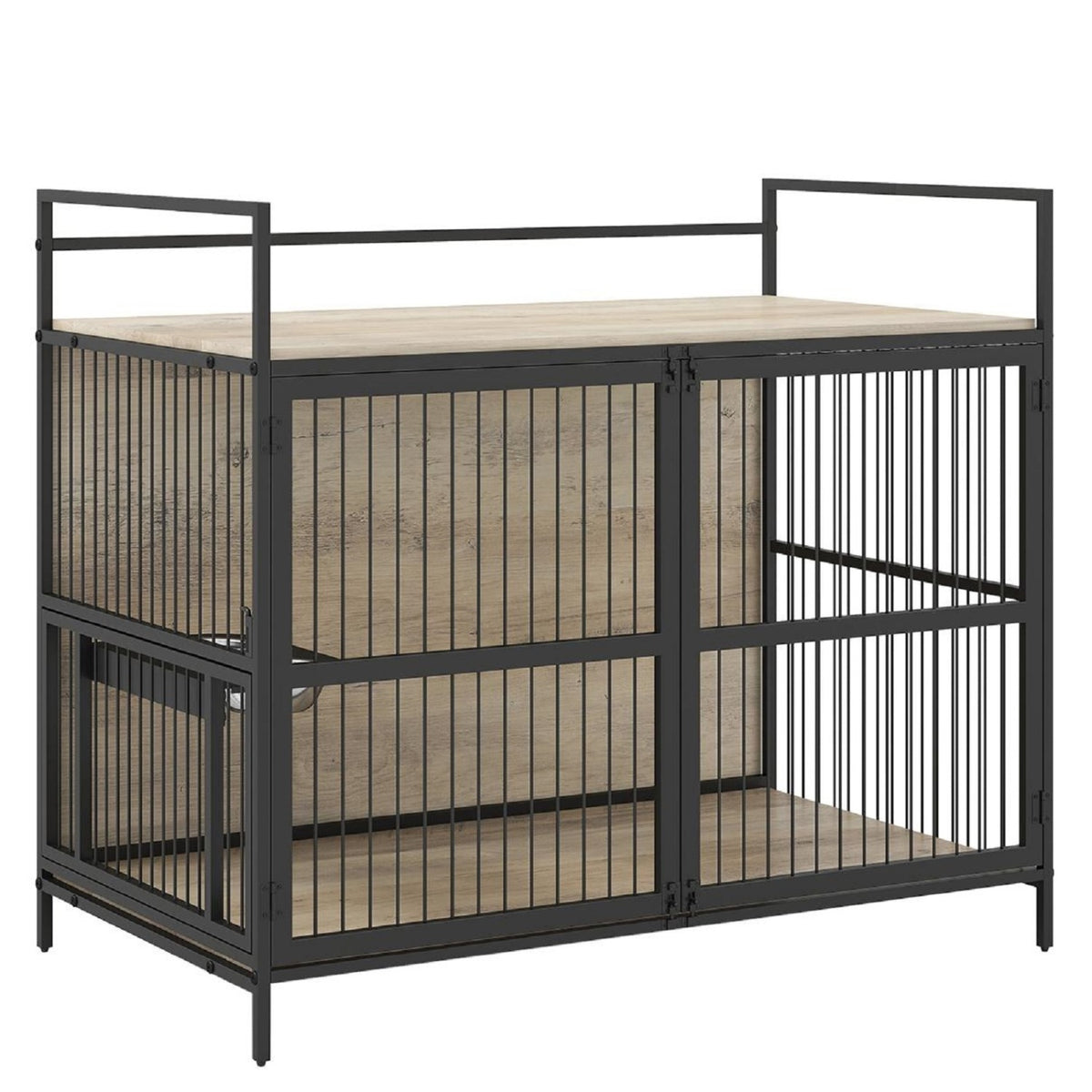 Wooden Dog Crate Furniture for Medium Dogs with Bowls and Rotatable Holder-Gray