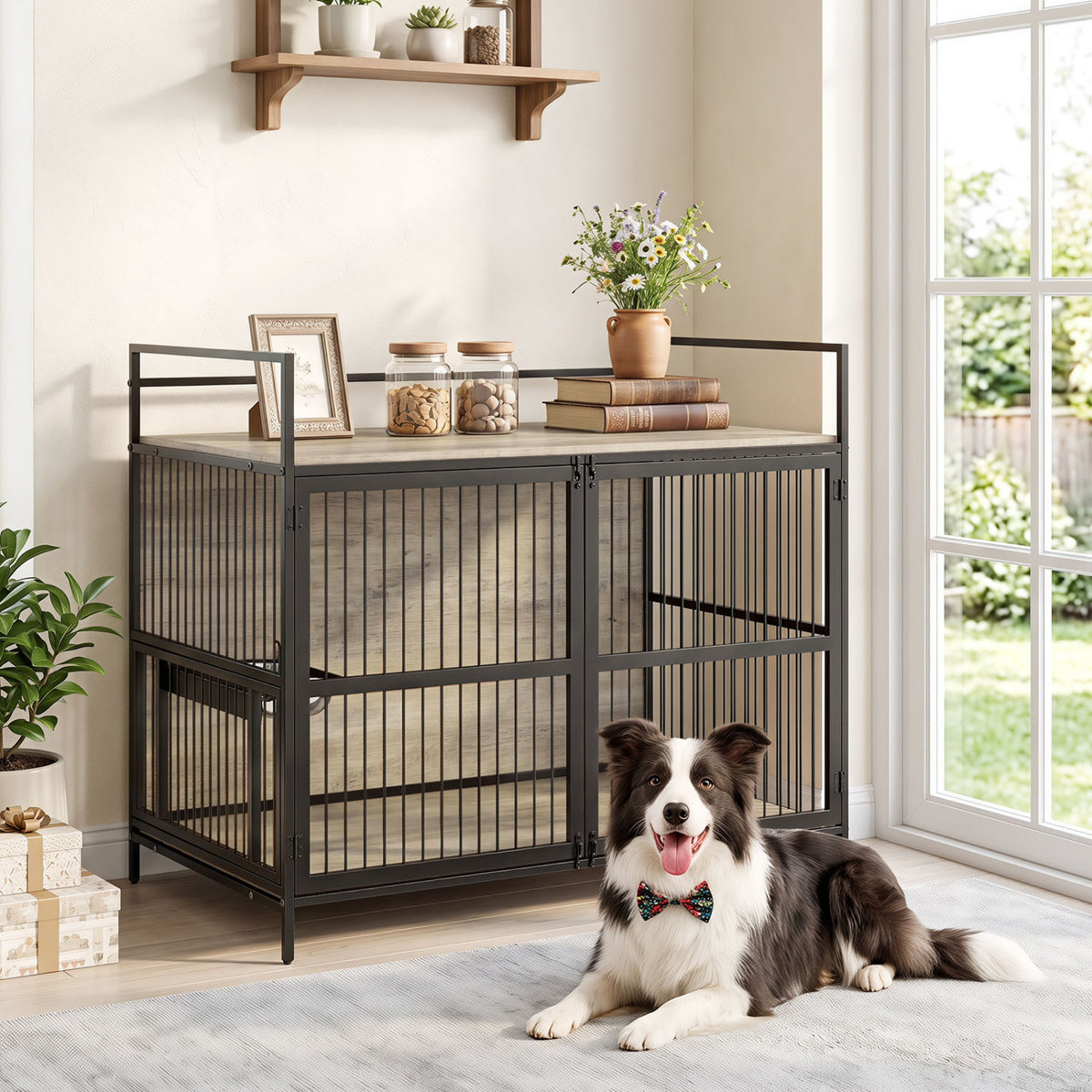 Wooden Dog Crate Furniture for Medium Dogs with Bowls and Rotatable Holder-Gray view 2