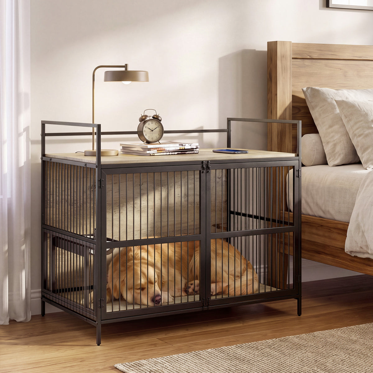 Wooden Dog Crate Furniture for Medium Dogs with Bowls and Rotatable Holder-Gray view 3
