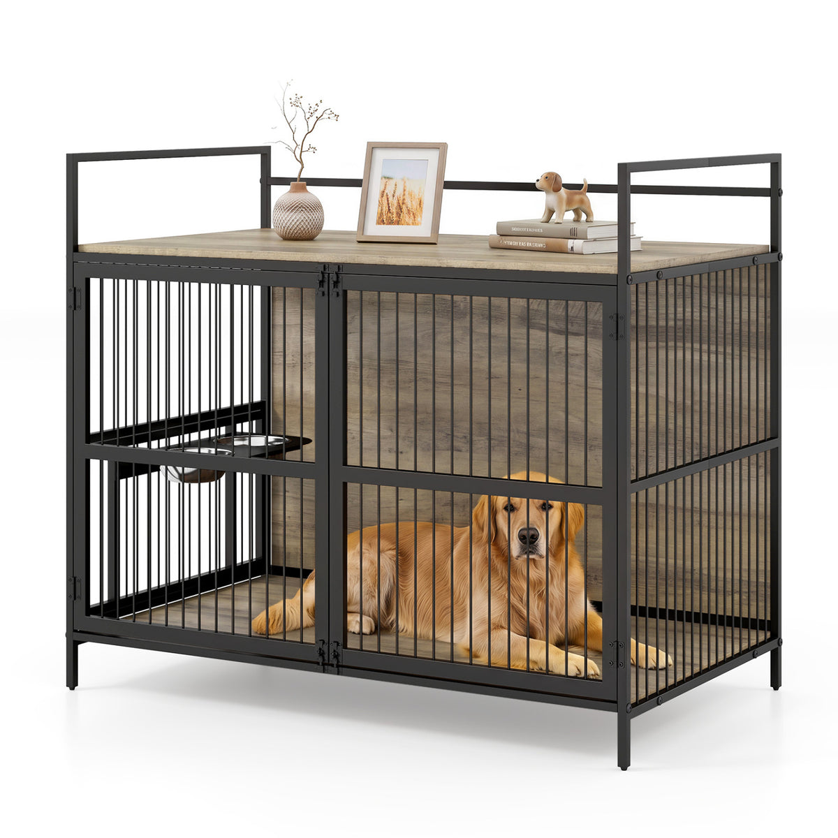Wooden Dog Crate Furniture for Medium Dogs with Bowls and Rotatable Holder-Gray view 4