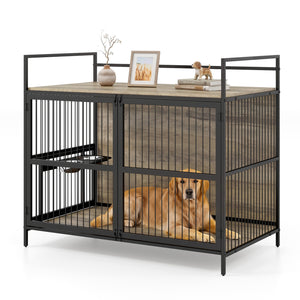 Wooden Dog Crate Furniture for Medium Dogs with Bowls and Rotatable Holder-Gray view 4