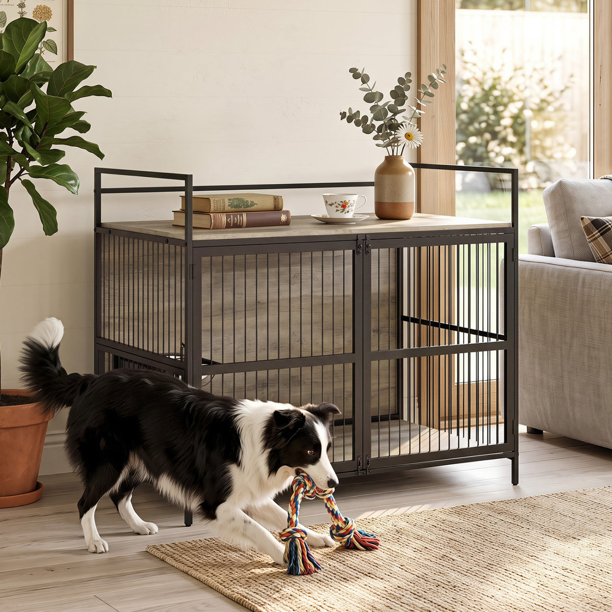 Wooden Dog Crate Furniture for Medium Dogs with Bowls and Rotatable Holder-Gray view 6