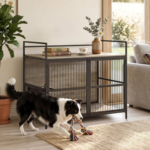 Wooden Dog Crate Furniture for Medium Dogs with Bowls and Rotatable Holder-Gray view 6