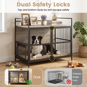 Wooden Dog Crate Furniture for Medium Dogs with Bowls and Rotatable Holder-Gray view 7
