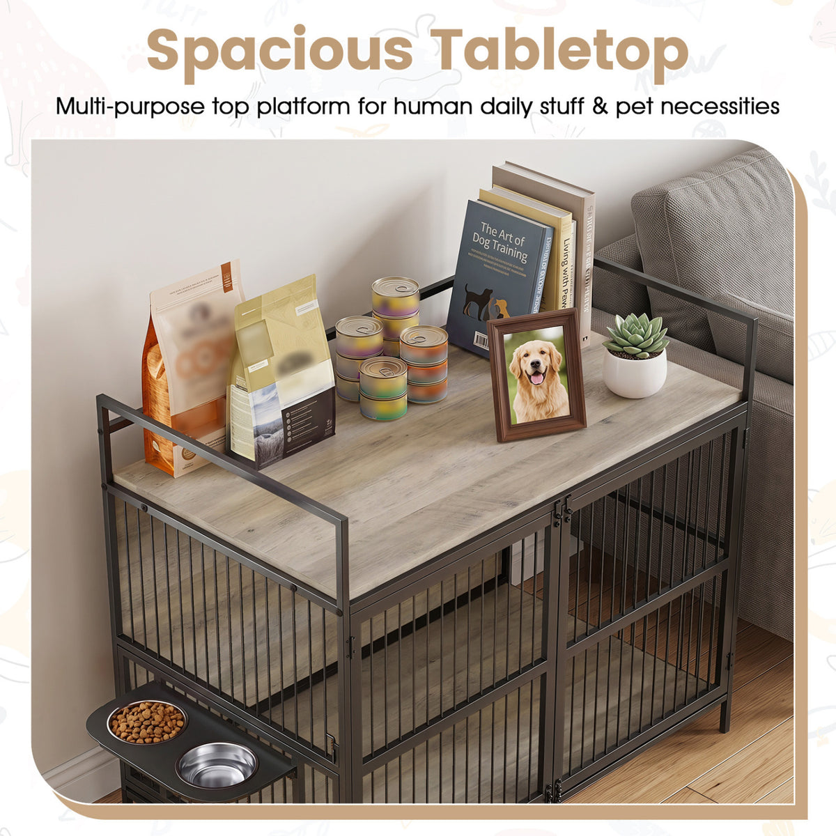 Wooden Dog Crate Furniture for Medium Dogs with Bowls and Rotatable Holder-Gray view 8