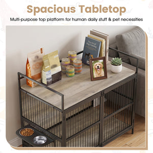 Wooden Dog Crate Furniture for Medium Dogs with Bowls and Rotatable Holder-Gray view 8