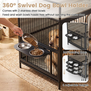 Wooden Dog Crate Furniture for Medium Dogs with Bowls and Rotatable Holder-Gray view 9