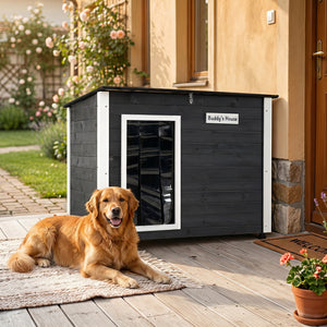 Wooden Dog House Outdoor with Natural Spruce Wood Frame, Removable Floor and Openable Asphalt Roof-L view 2