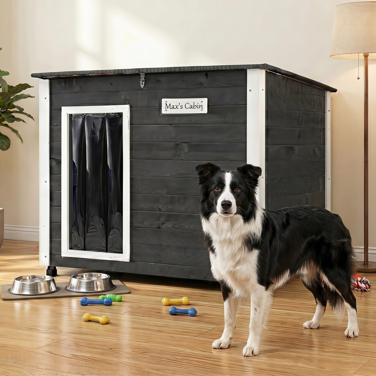 Wooden Dog House Outdoor with Natural Spruce Wood Frame, Removable Floor and Openable Asphalt Roof-L view 3