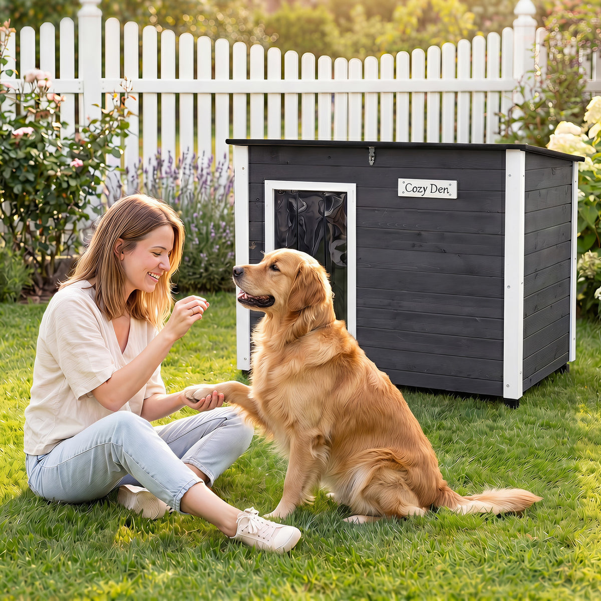 Wooden Dog House Outdoor with Natural Spruce Wood Frame, Removable Floor and Openable Asphalt Roof-L view 6