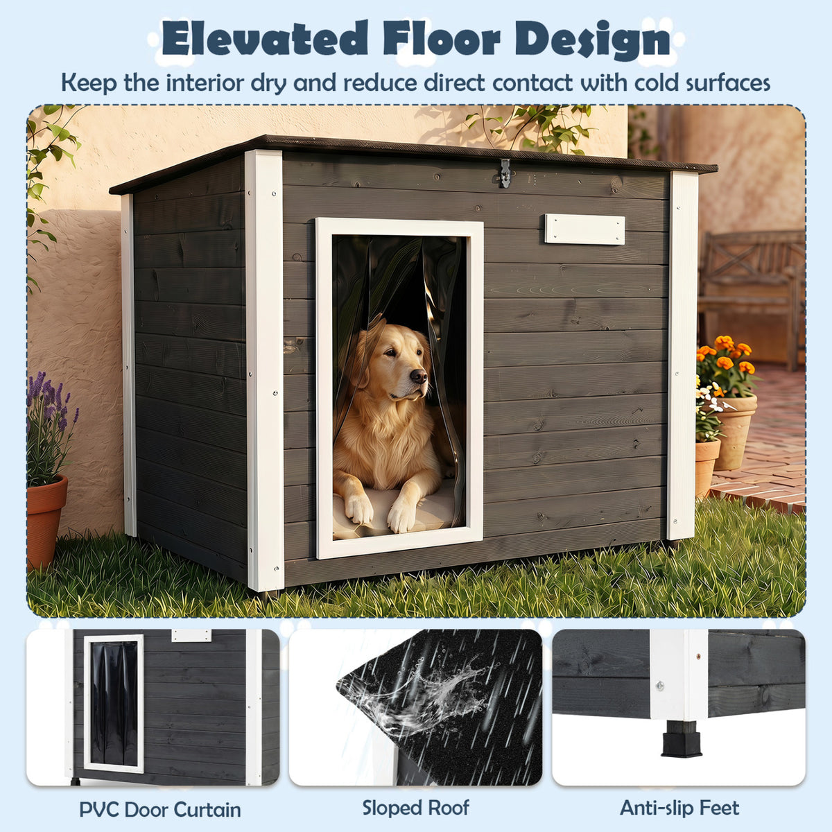 Wooden Dog House Outdoor with Natural Spruce Wood Frame, Removable Floor and Openable Asphalt Roof-L view 8