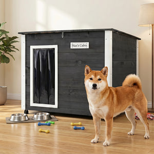 Wooden Dog House Outdoor with Natural Spruce Wood Frame, Removable Floor and Openable Asphalt Roof-S view 2