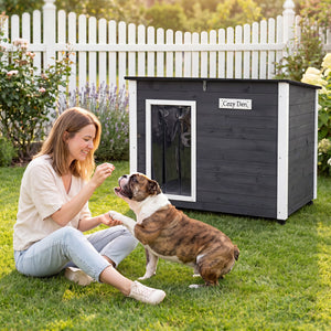 Wooden Dog House Outdoor with Natural Spruce Wood Frame, Removable Floor and Openable Asphalt Roof-S view 3