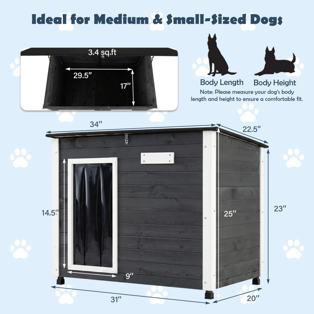 Wooden Dog House Outdoor with Natural Spruce Wood Frame, Removable Floor and Openable Asphalt Roof-S view 5