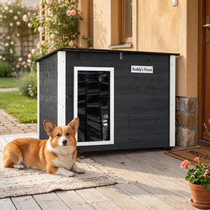 Wooden Dog House Outdoor with Natural Spruce Wood Frame, Removable Floor and Openable Asphalt Roof-S view 6