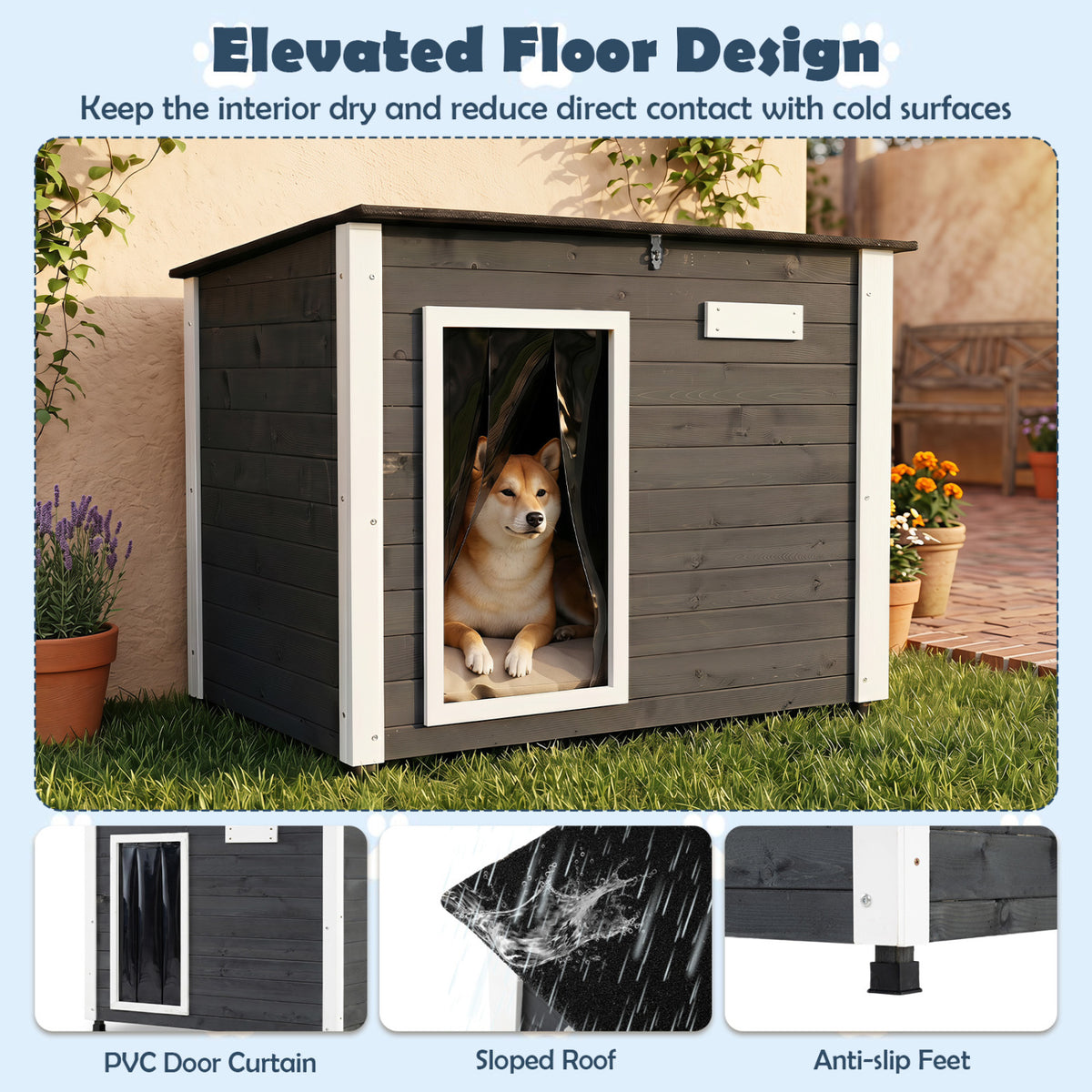 Wooden Dog House Outdoor with Natural Spruce Wood Frame, Removable Floor and Openable Asphalt Roof-S view 8