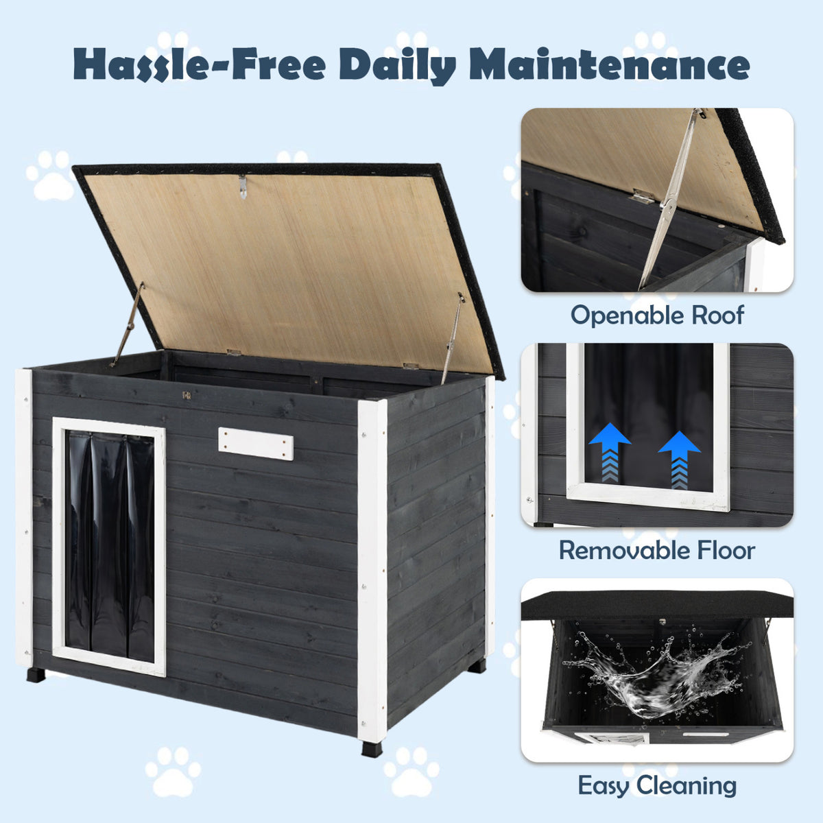 Wooden Dog House Outdoor with Natural Spruce Wood Frame, Removable Floor and Openable Asphalt Roof-S view 9