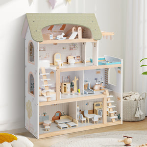 Wooden Dollhouse Kids DIY Pretend Playhouse with 33 PCS Furniture Accessories-Green view 2
