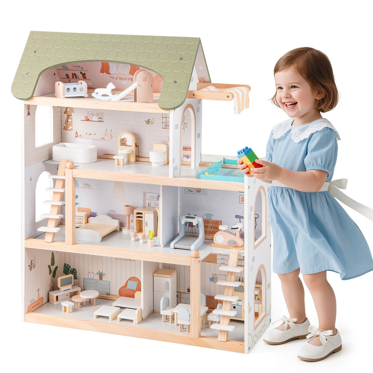 Wooden Dollhouse Kids DIY Pretend Playhouse with 33 PCS Furniture Accessories-Green view 4
