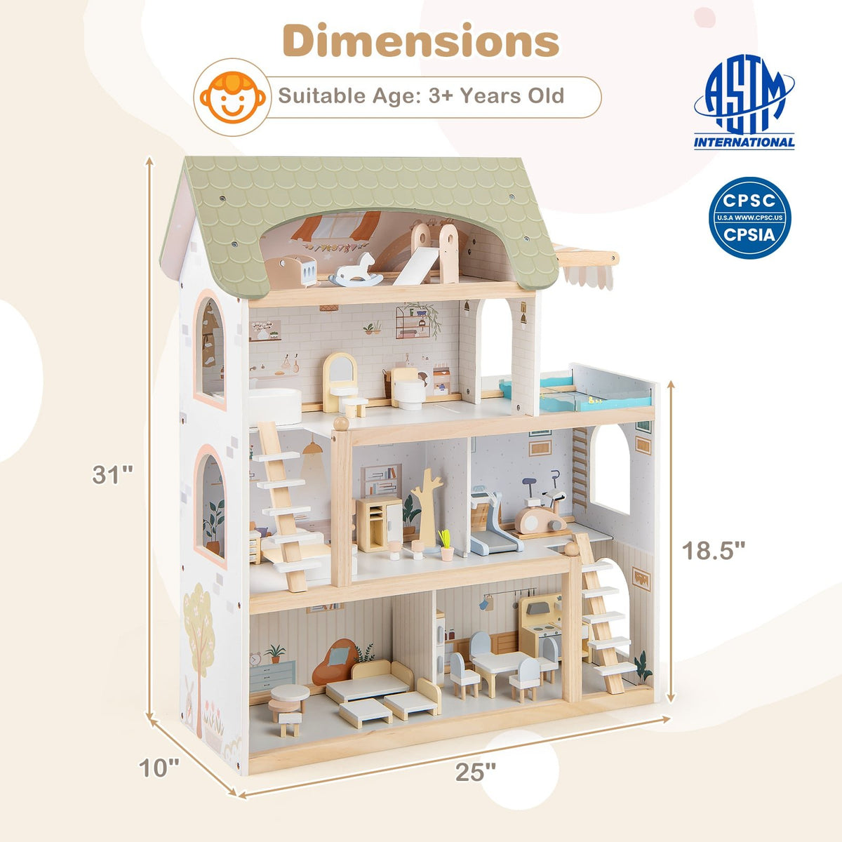 Wooden Dollhouse Kids DIY Pretend Playhouse with 33 PCS Furniture Accessories-Green view 5