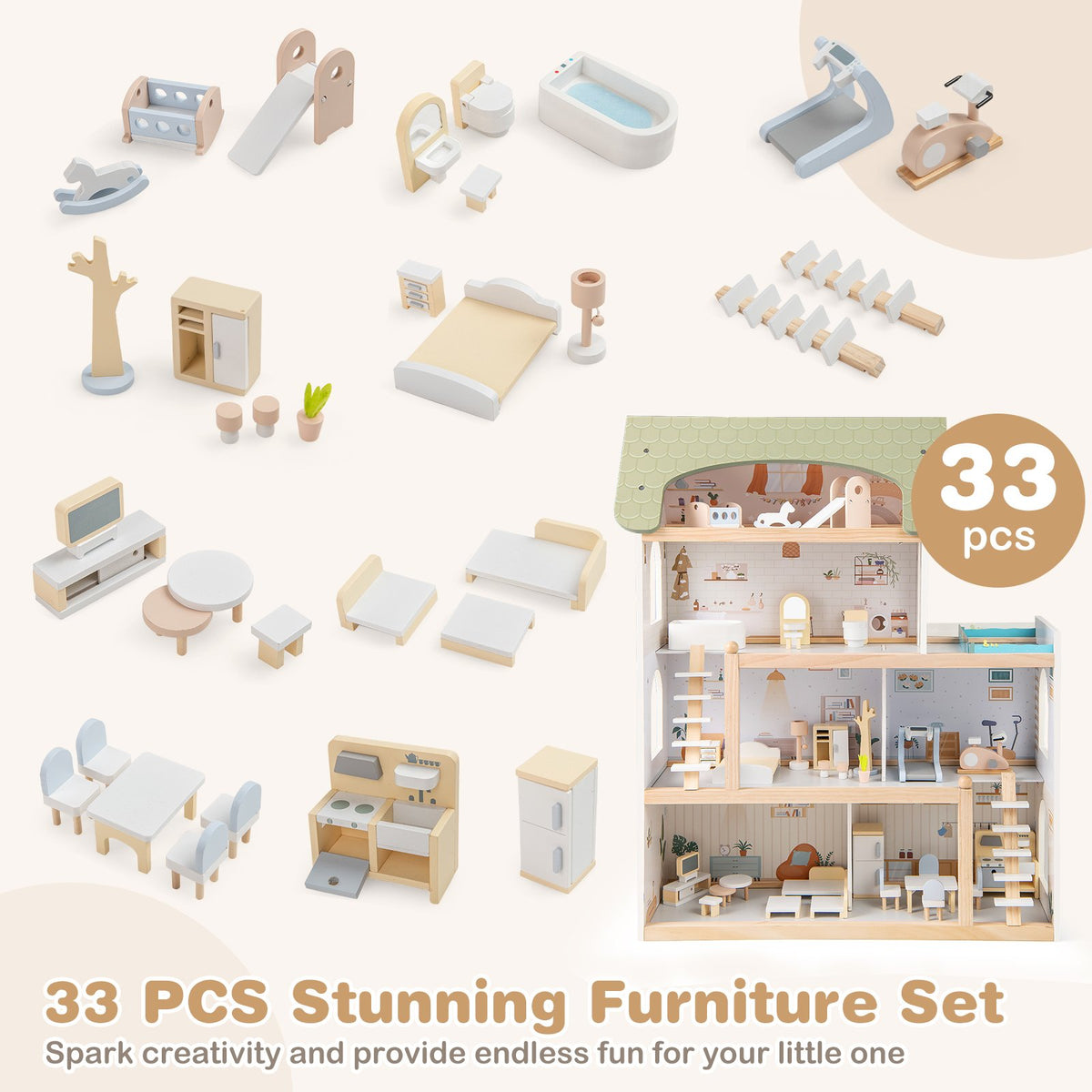 Wooden Dollhouse Kids DIY Pretend Playhouse with 33 PCS Furniture Accessories-Green view 6