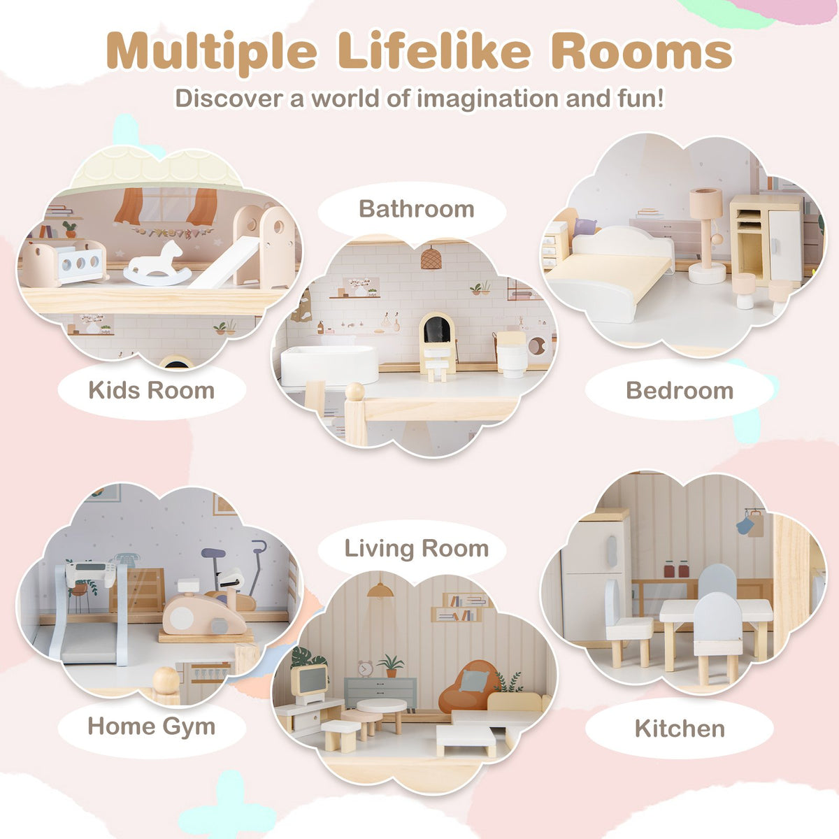 Wooden Dollhouse Kids DIY Pretend Playhouse with 33 PCS Furniture Accessories-Green view 7