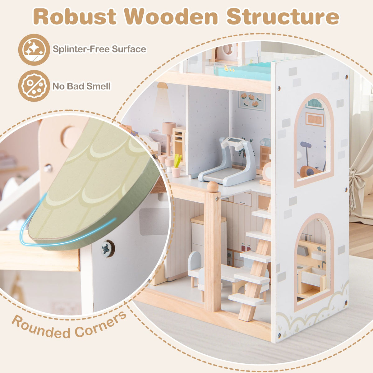 Wooden Dollhouse Kids DIY Pretend Playhouse with 33 PCS Furniture Accessories-Green view 8