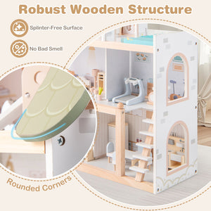 Wooden Dollhouse Kids DIY Pretend Playhouse with 33 PCS Furniture Accessories-Green view 8