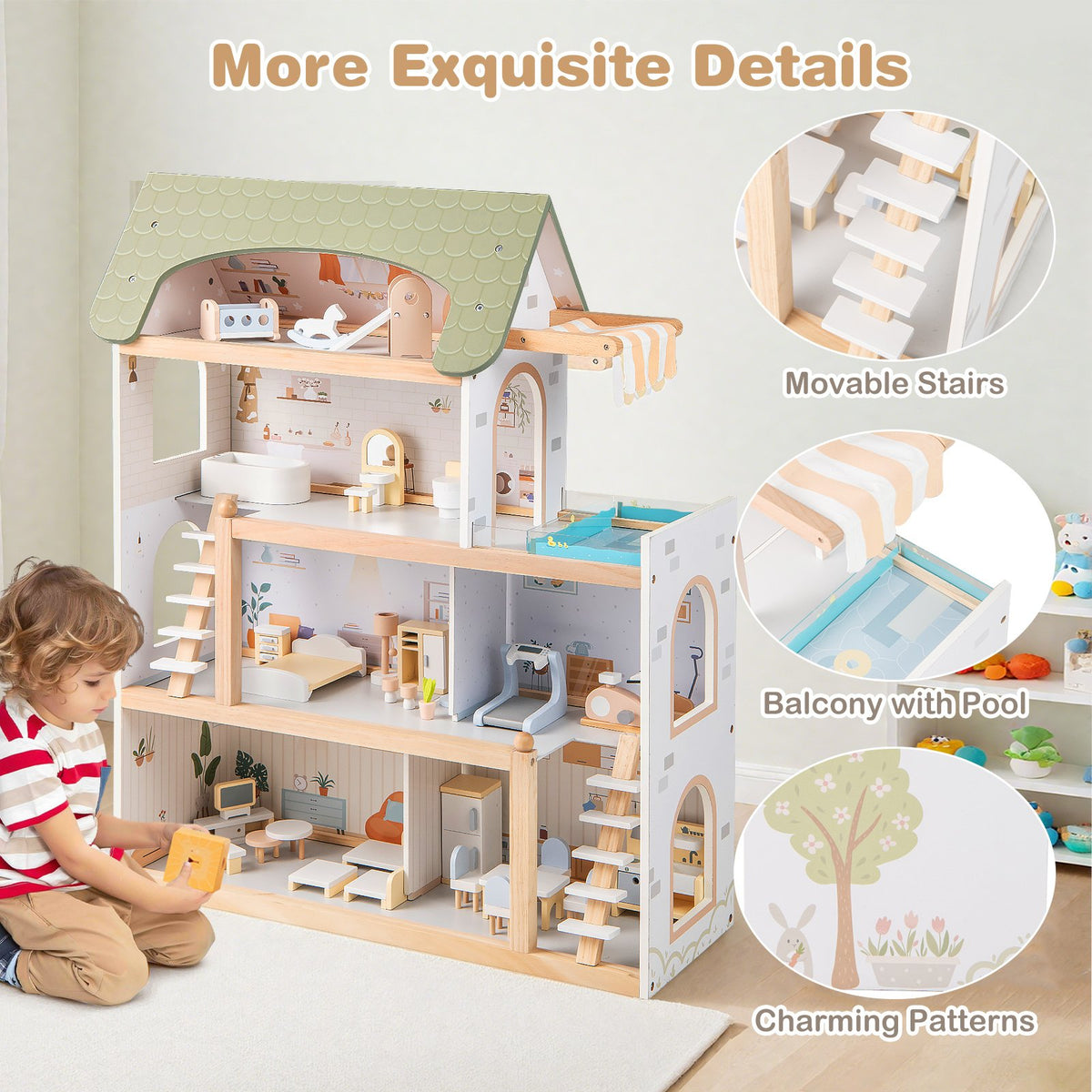 Wooden Dollhouse Kids DIY Pretend Playhouse with 33 PCS Furniture Accessories-Green view 9