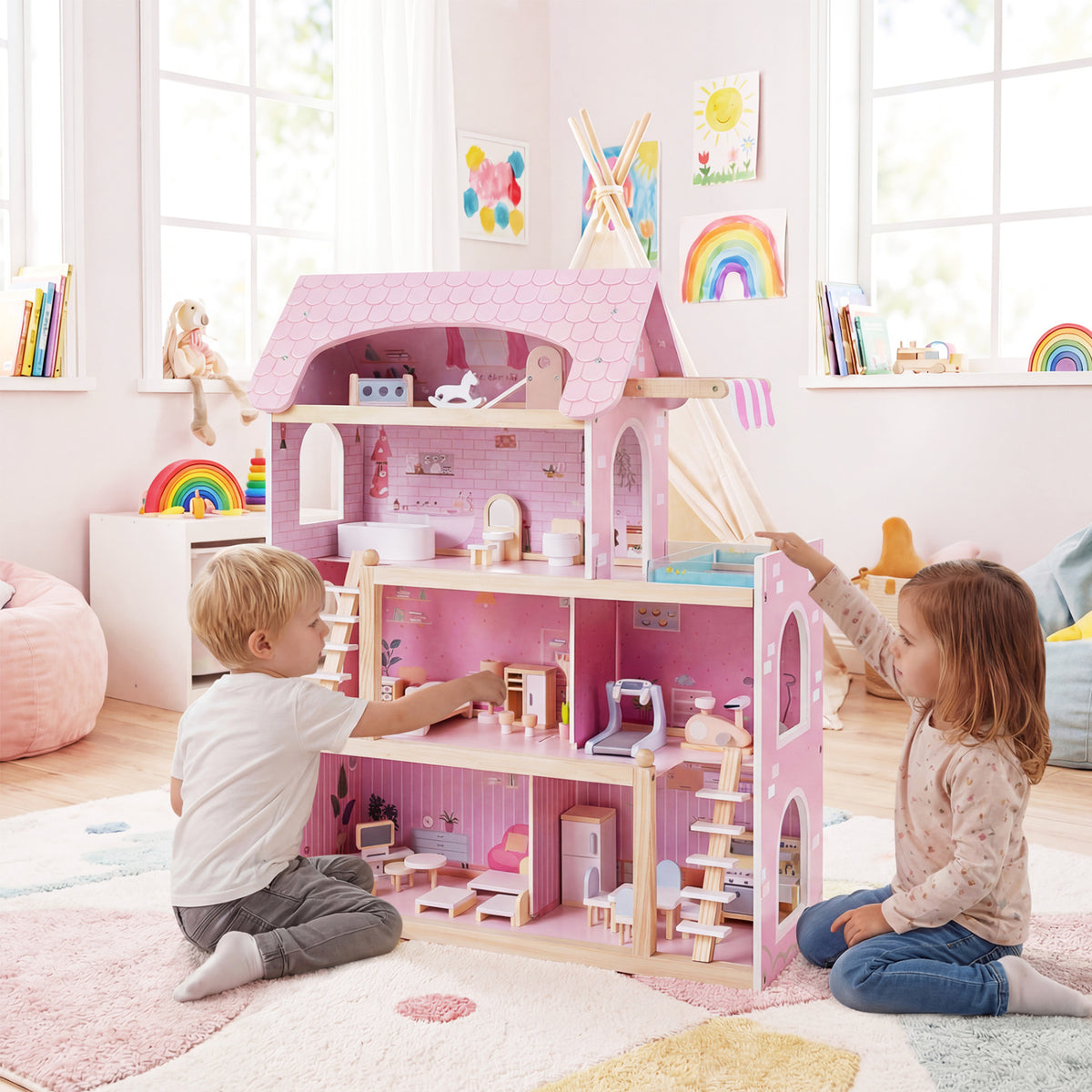 Wooden Dollhouse Kids DIY Pretend Playhouse with 33 PCS Furniture Accessories-Pink view 2