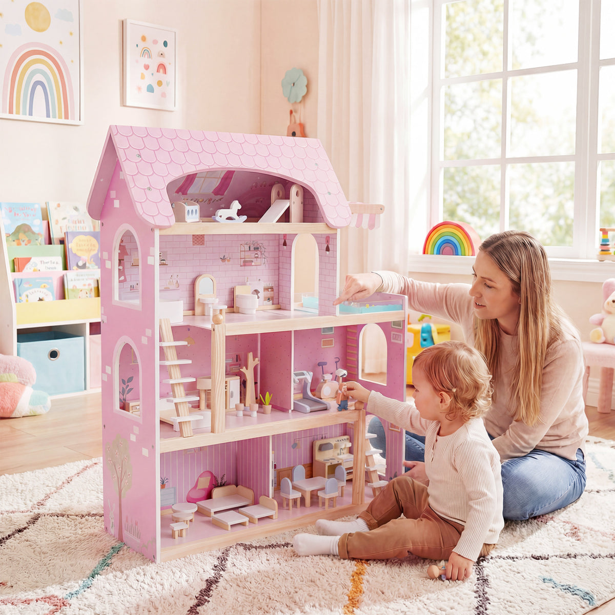 Wooden Dollhouse Kids DIY Pretend Playhouse with 33 PCS Furniture Accessories-Pink view 3