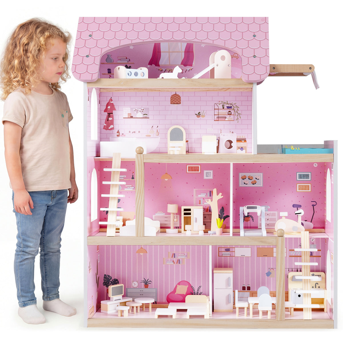 Wooden Dollhouse Kids DIY Pretend Playhouse with 33 PCS Furniture Accessories-Pink view 4