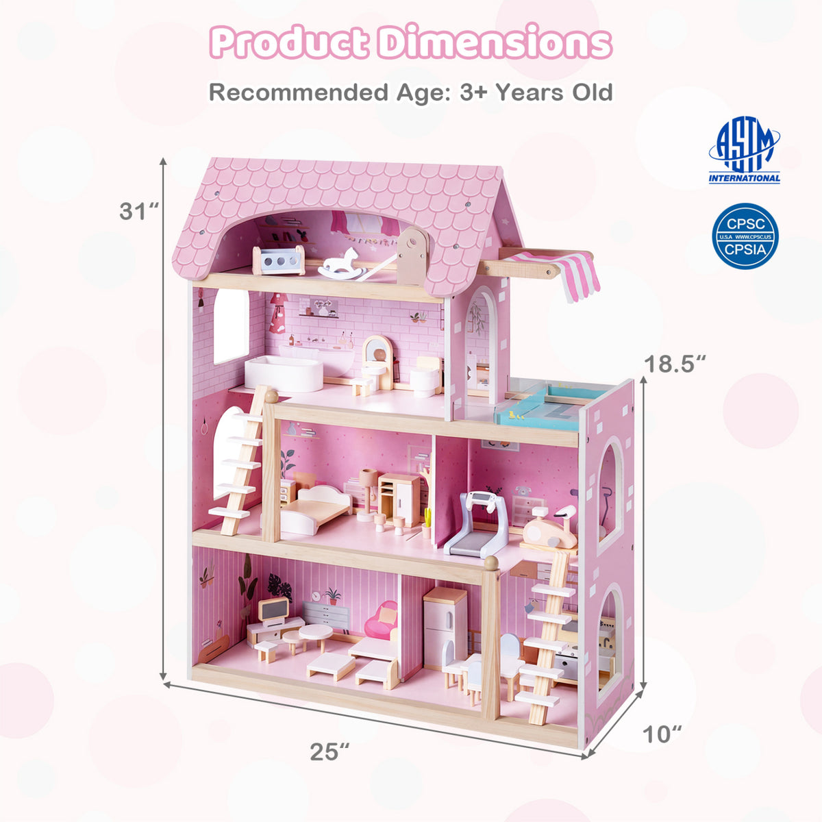 Wooden Dollhouse Kids DIY Pretend Playhouse with 33 PCS Furniture Accessories-Pink view 5
