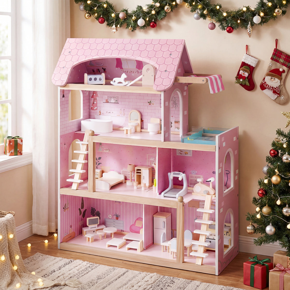 Wooden Dollhouse Kids DIY Pretend Playhouse with 33 PCS Furniture Accessories-Pink view 6