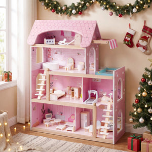 Wooden Dollhouse Kids DIY Pretend Playhouse with 33 PCS Furniture Accessories-Pink view 6