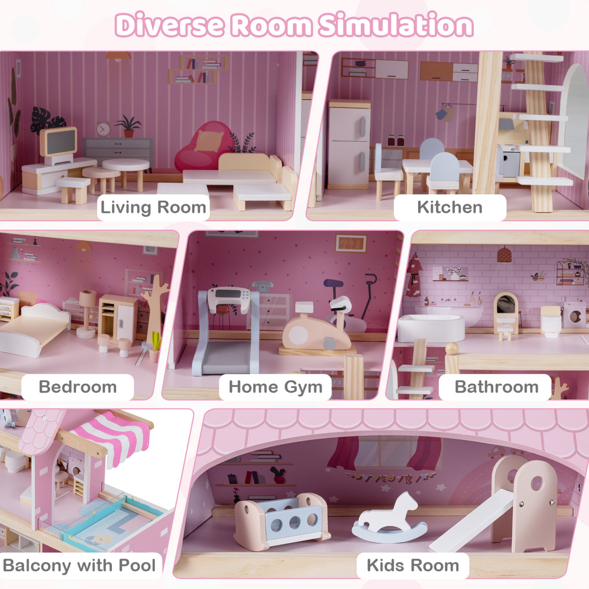 Wooden Dollhouse Kids DIY Pretend Playhouse with 33 PCS Furniture Accessories-Pink view 7