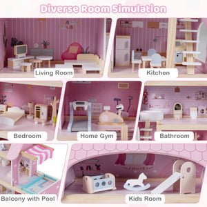 Wooden Dollhouse Kids DIY Pretend Playhouse with 33 PCS Furniture Accessories-Pink view 7